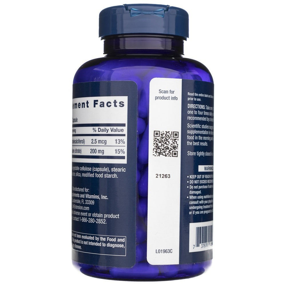 LIFE EXTENSION kalcija citrāts + D vitamīns - 200 kapsulas