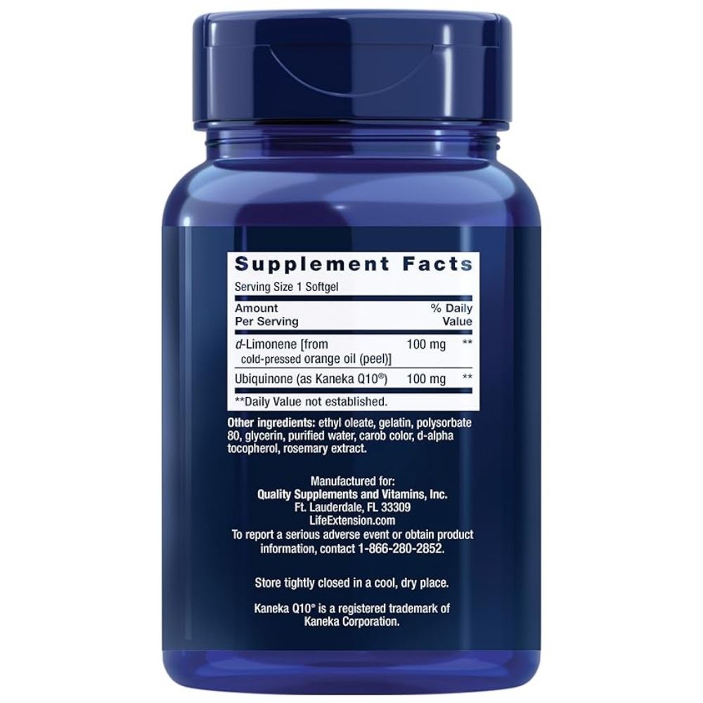 LIFE EXTENSION koenzīms Q10 (ubihinons) 100 mg ar D-limonēnu - 60 kapsulas