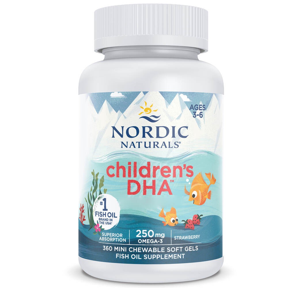 Nordic Naturals bērnu DHA, omega-3 250 mg bērniem, ar zemeņu garšu – 360 mini mīkstās želejas kapsulas