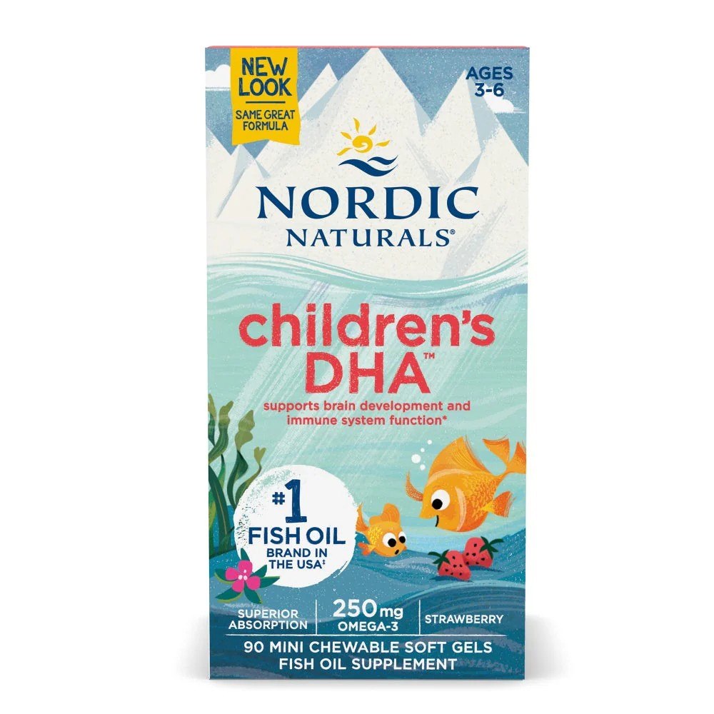 Nordic Naturals bērnu DHA, omega-3 250 mg bērniem, ar zemeņu garšu – 360 mini mīkstās želejas kapsulas