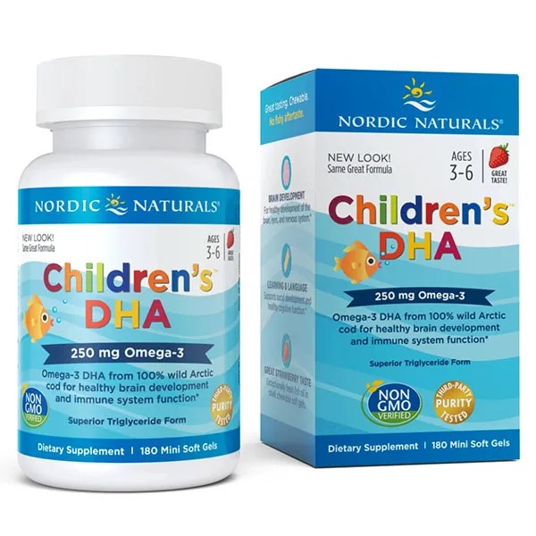 „Nordic Naturals” bērnu DHA, 250 mg Omega-3, zemeņu garša, 180 mini mīkstās kapsulas