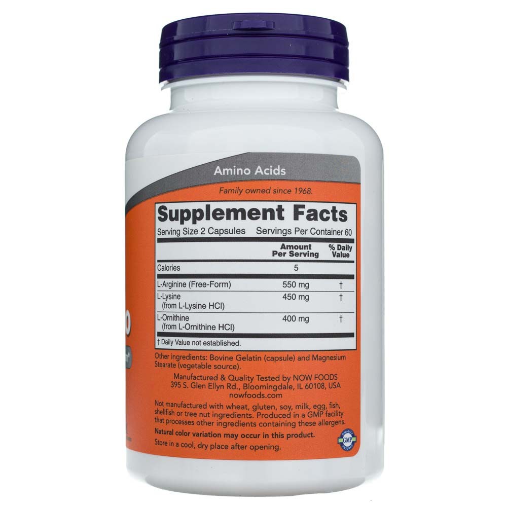 NOW FOODS Tri-Amino (L-arginīns, L-ornitīns, L-lizīns) – 120 kapsulas