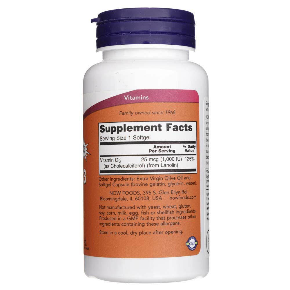 NOW FOODS vitamīns D3 1000 SV – 360 kapsulas
