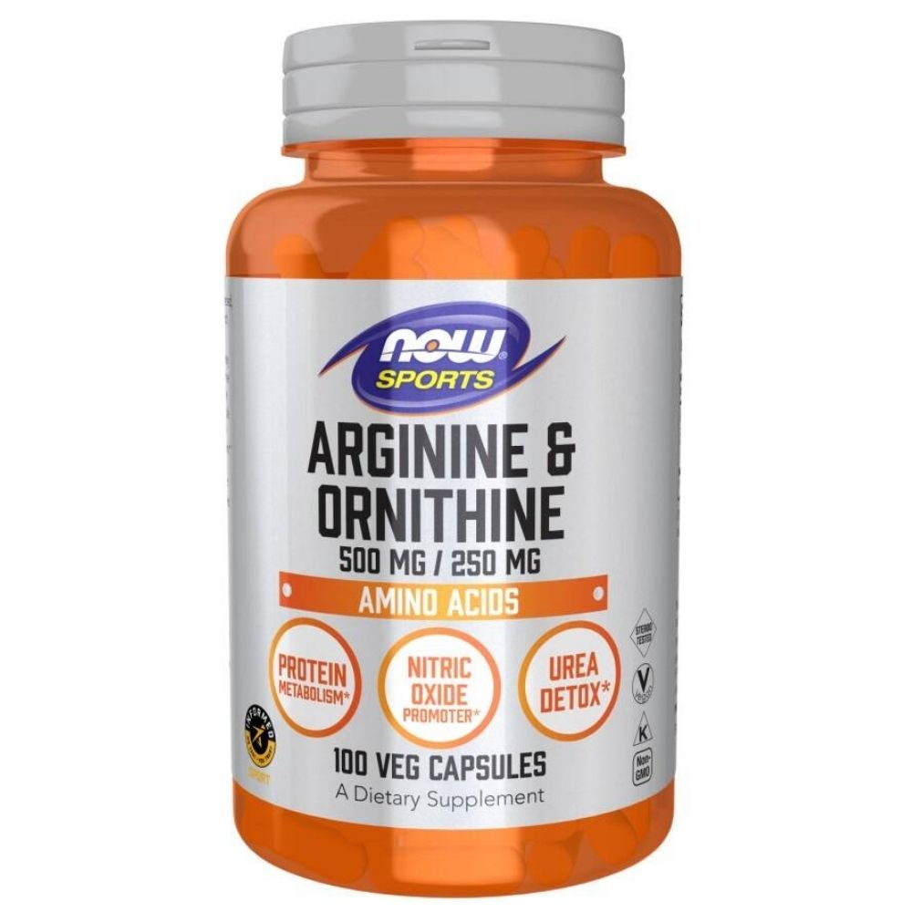 NOW FOODS L-arginīns 500 mg un L-ornitīns 250 mg – 100 kapsulas