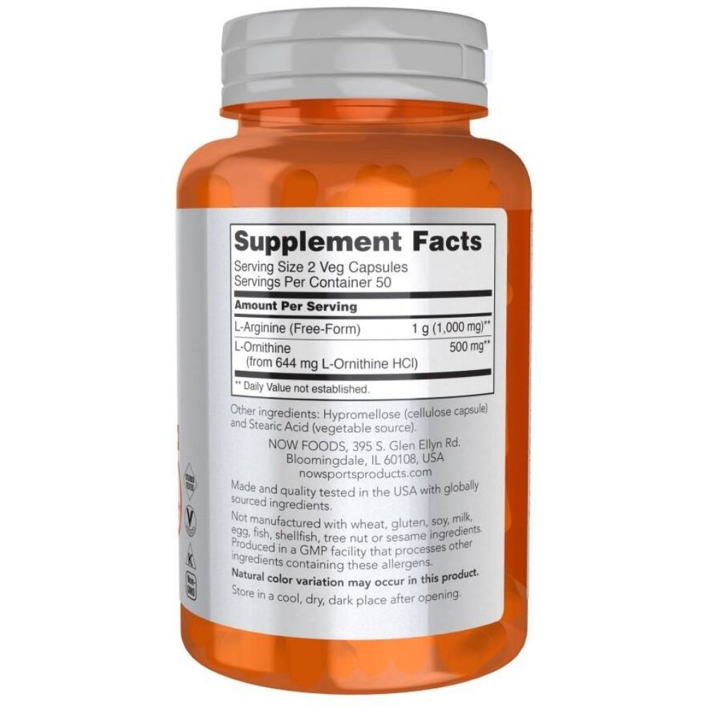 NOW FOODS L-arginīns 500 mg un L-ornitīns 250 mg – 100 kapsulas