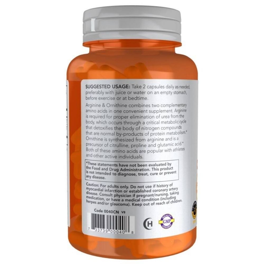 NOW FOODS L-arginīns 500 mg un L-ornitīns 250 mg – 100 kapsulas