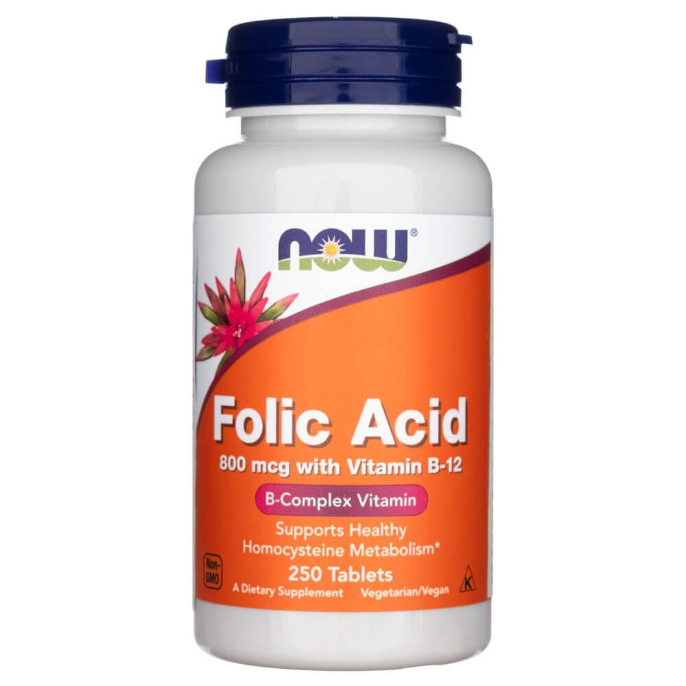NOW FOODS folijskābe 800 mkg ar B-12 vitamīnu – 250 tabletes