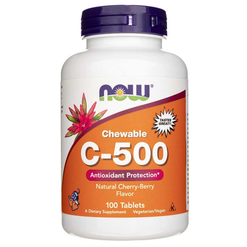 NOW FOODS C-500 vitamīns, košļājamās tabletes ar ķiršu garšu – 100 tabletes