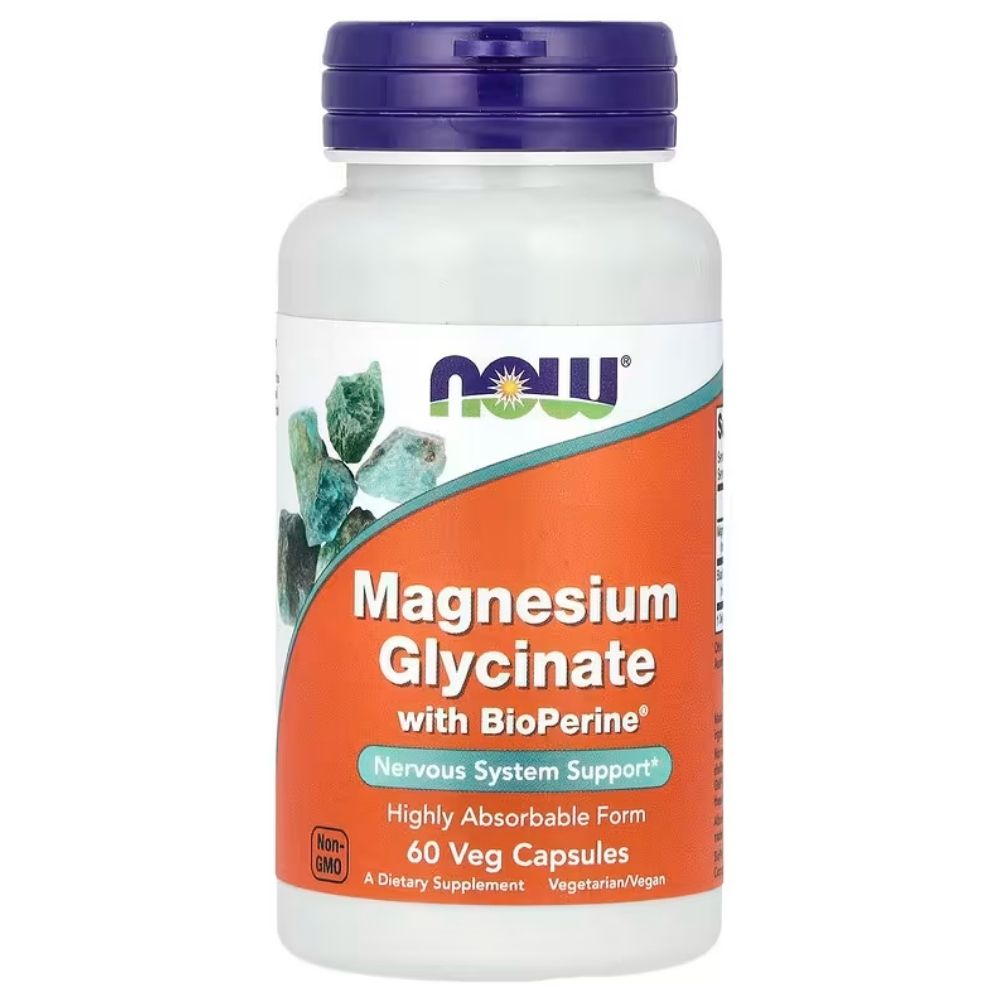 NOW FOODS magnija glicināts 100 mg ar BioPerine – 60 kapsulas