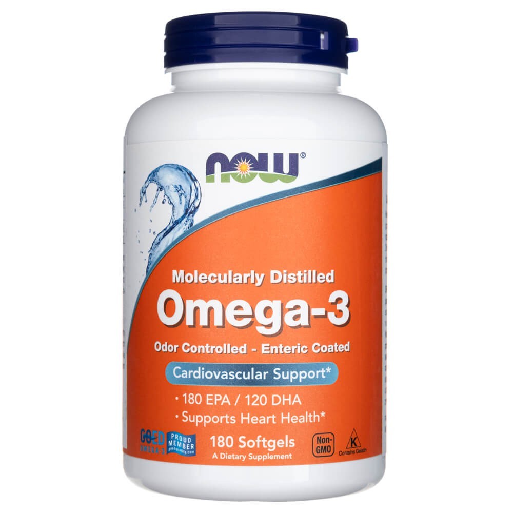 NOW FOODS Omega-3 molekulāri destilēts un ar enterisko pārklājumu – 180 kapsulas