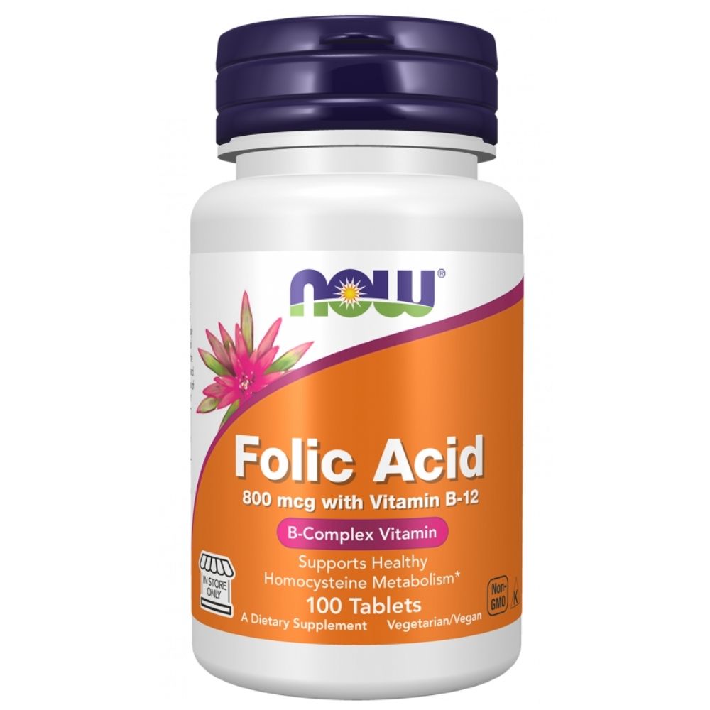 NOW FOODS folijskābe + B12 vitamīns – 100 tabletes