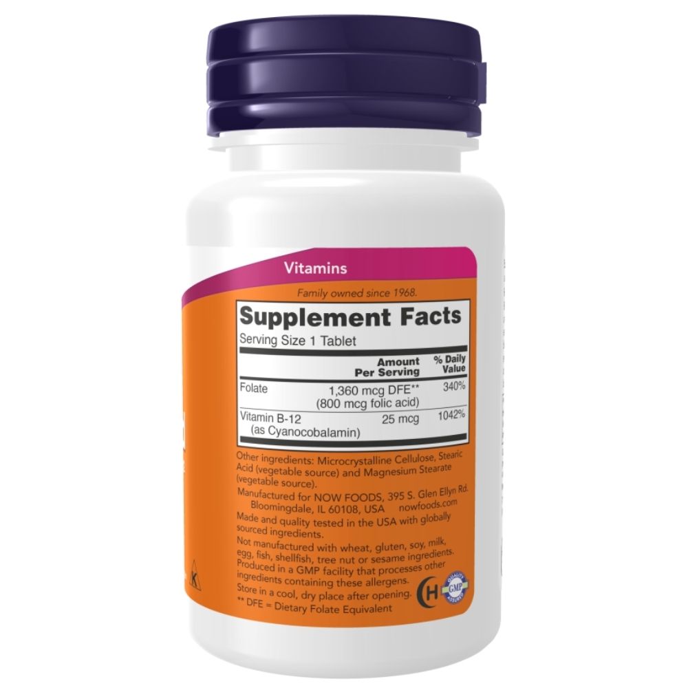 NOW FOODS folijskābe + B12 vitamīns – 100 tabletes