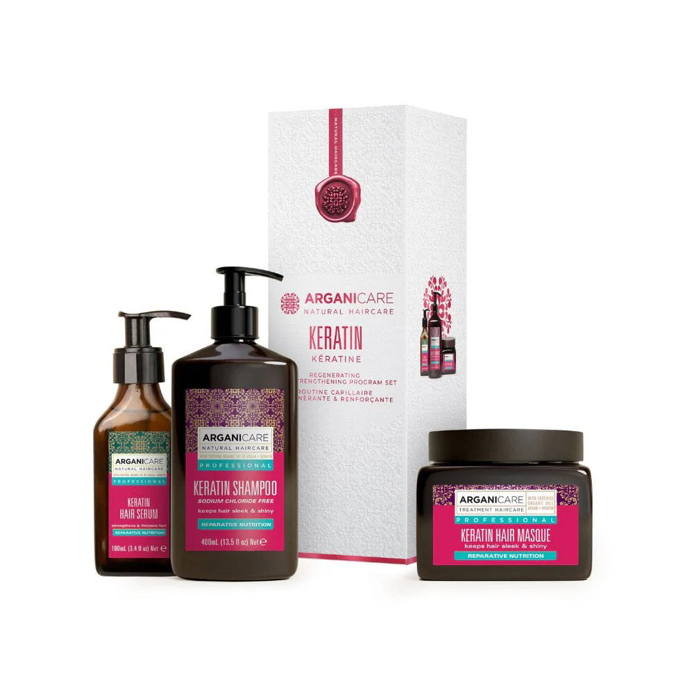 Arganicare komplekts: keratīna matu šampūns, atjaunojošs un barojošs, 400 ml + keratīna matu krēmmaska, barojoša un atjaunojoša, 500 ml + keratīna matu serums, barojošs un stiprinošs, 100 ml
