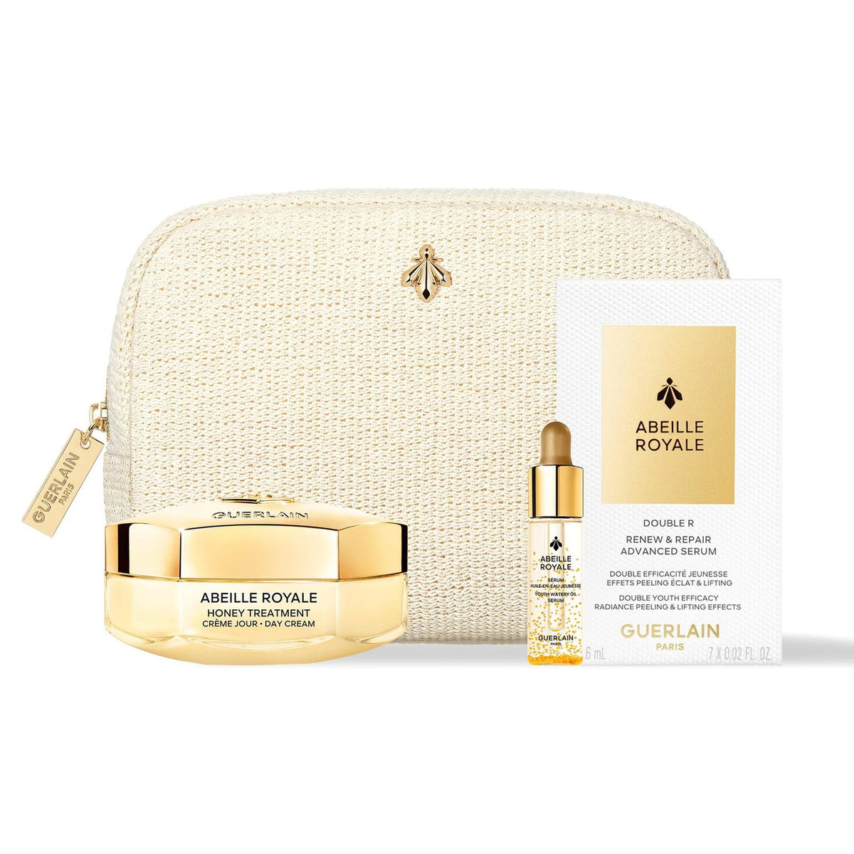 Guerlain komplekts: Abeille Royale, atjaunojošs, medu saturošs dienas krēms sejai, 50 ml + Abeille Royale atjaunojoša eļļa sejai un kaklam, 5 ml + Abeille Royale Double R pretnovecošanās serums sejai un kaklam lietošanai dienā un naktī, 0,6 ml