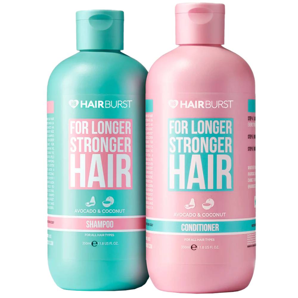 Hairburst komplekts: Longer Stronger stiprinošs matu šampūns matu augšanai, 350 ml + Longer Stronger stiprinošs matu kondicionieris matu augšanai, 350 ml