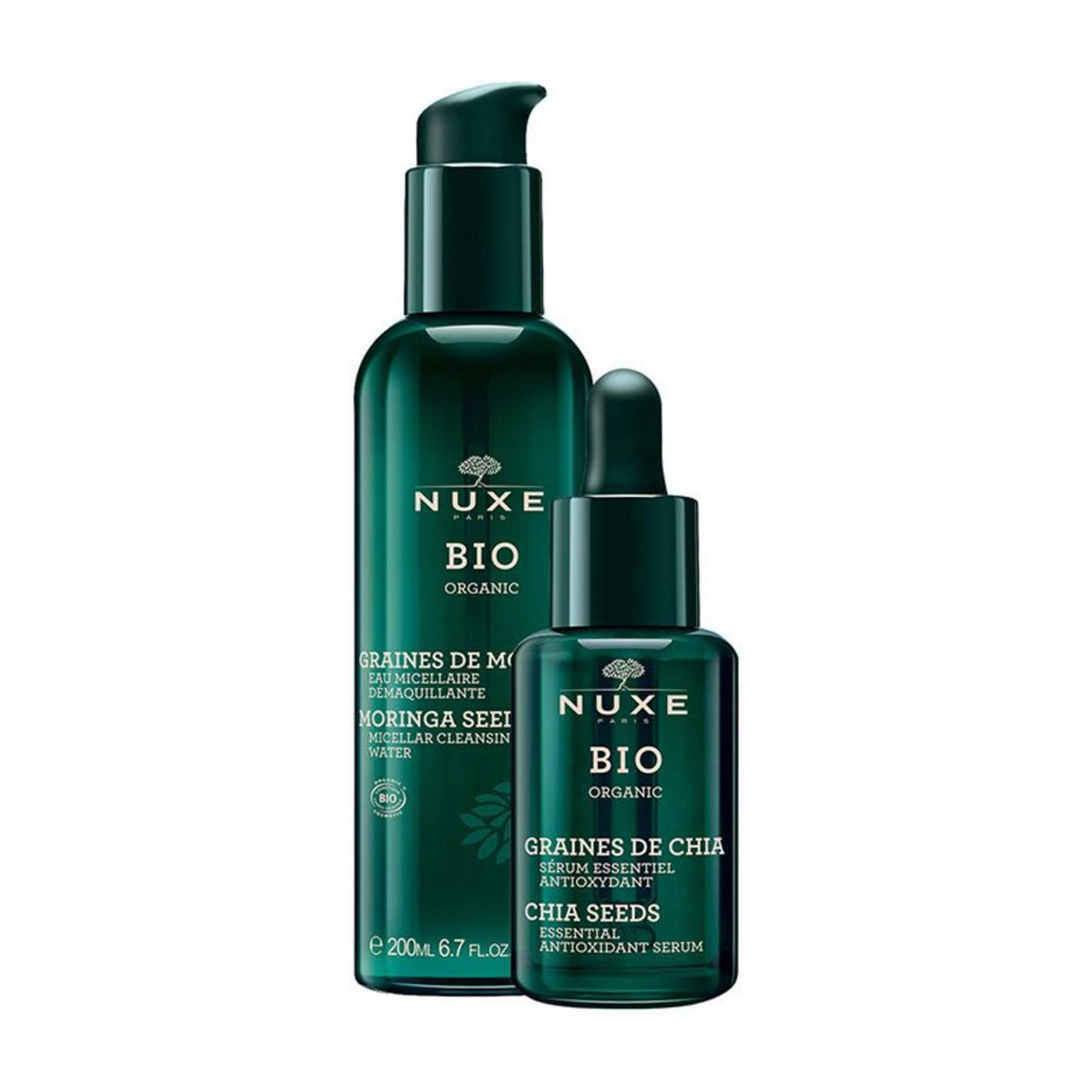Nuxe komplekts: bioloģiski ekoloģisks čia sēklu antioksidantu serums sejas ādai 30 ml + bioloģiski ekoloģisks attīrošs micelārais ūdens visiem ādas tipiem, 200 ml