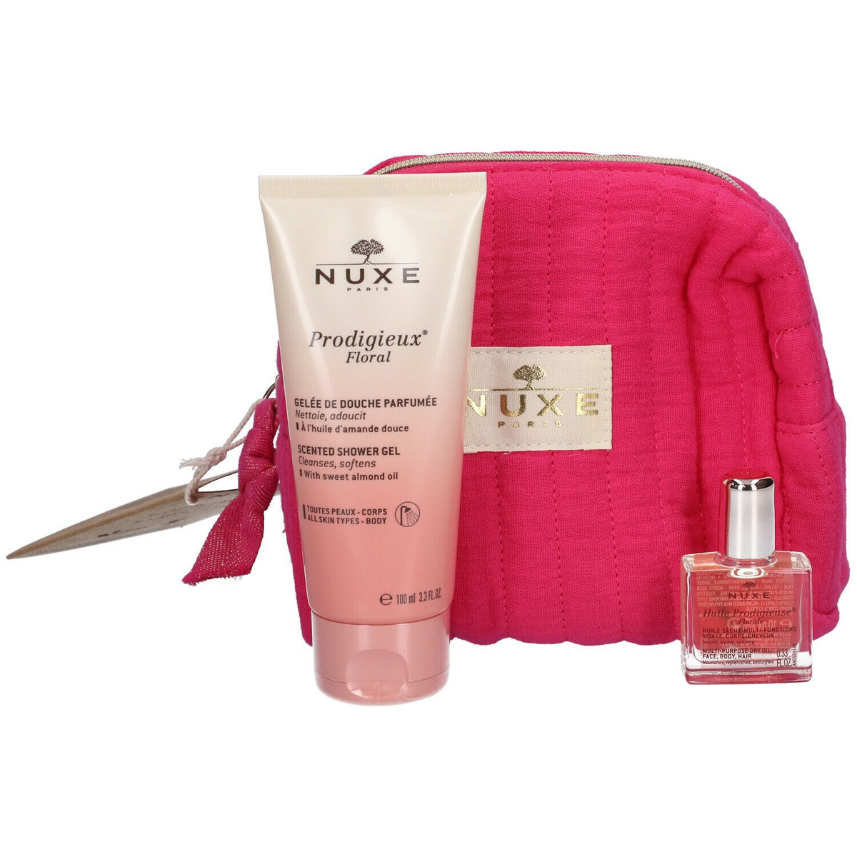 Nuxe komplekts: Prodigieux Floral dušas želeja visam ķermenim visiem ādas tipiem 100 ml + Prodigieuse Florale mitrinoša ķermeņa eļļa ķermenim, sejai un matiem 30 ml + Nuxe GWP tekstila maisiņš rozā krāsā
