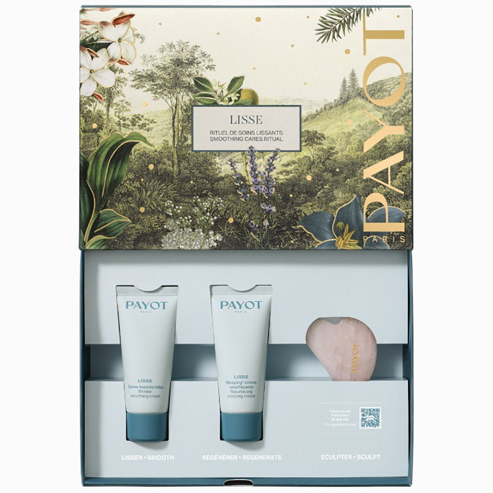 Rinkinys „Payot“: „Lisse“ odos atnaujinimo naktinis kremas veidui, 30 ml + „Lisse“ raukšles lyginantis kremas veidui, 30 ml + „Mini Gua Sha“ šviesiai rožinis liftingo kremas veido masažui