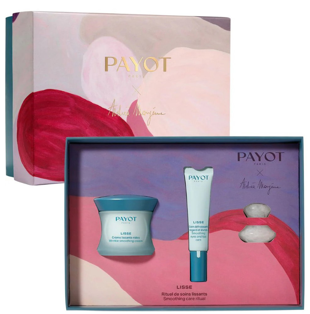 Rinkinys „Payot“: „Lisse“, natūralūs ingredientai, raukšles mažinantis, dieninis, kremas, veidui, 50 ml + „Lisse“, lyginamasis, paakių kremas, 15 ml + „Gua Sha“, baltas, stangrinantis, veido masažo akmuo