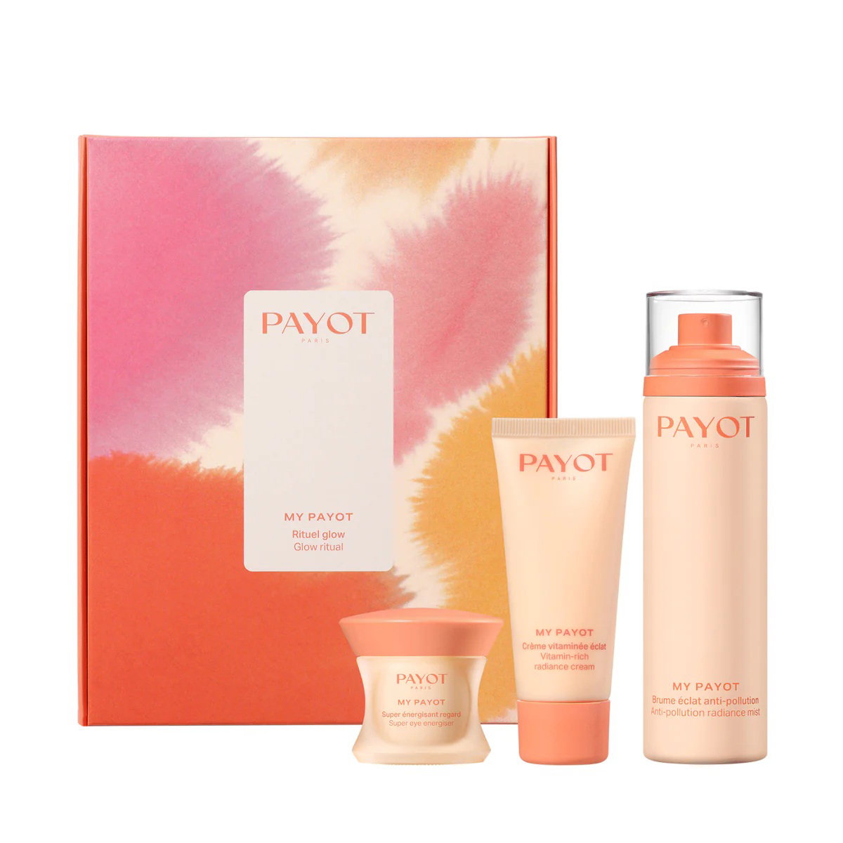 Rinkinys „Payot“: „My Payot Glow“ švytėjimo suteikiantis purškiklis veidui, 100 ml + „My Payot Glow“ drėkinamasis kremas veidui, 30 ml + „My Payot Glow“ šveičiamoji kreminė kaukė veidui, 15 ml