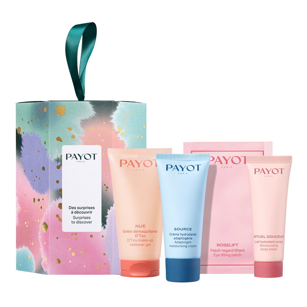 „Payot“ rinkinys: makiažo valiklis gelis, 50 ml + adaptogeninis drėkinamasis kremas veidui, 30 ml + „Rituel Douceur“ drėkinamasis kūno losjonas kūnui, 25 ml + rožinės odos liftingas, paakių pleistras, 2 vnt., 2 g