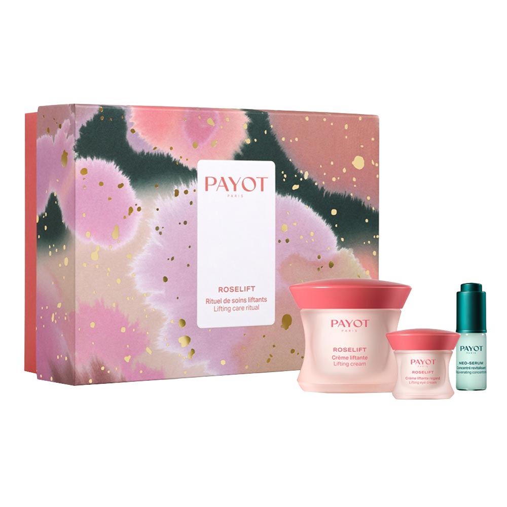 Rinkinys „Payot“: „Roselift“ skaistinamasis dieninis veido kremas, 50 ml + „Roselift“ stangrinantis dieninis paakių kremas, 15 ml + „Neo“ atjauninamasis serumas veidui, 5 ml
