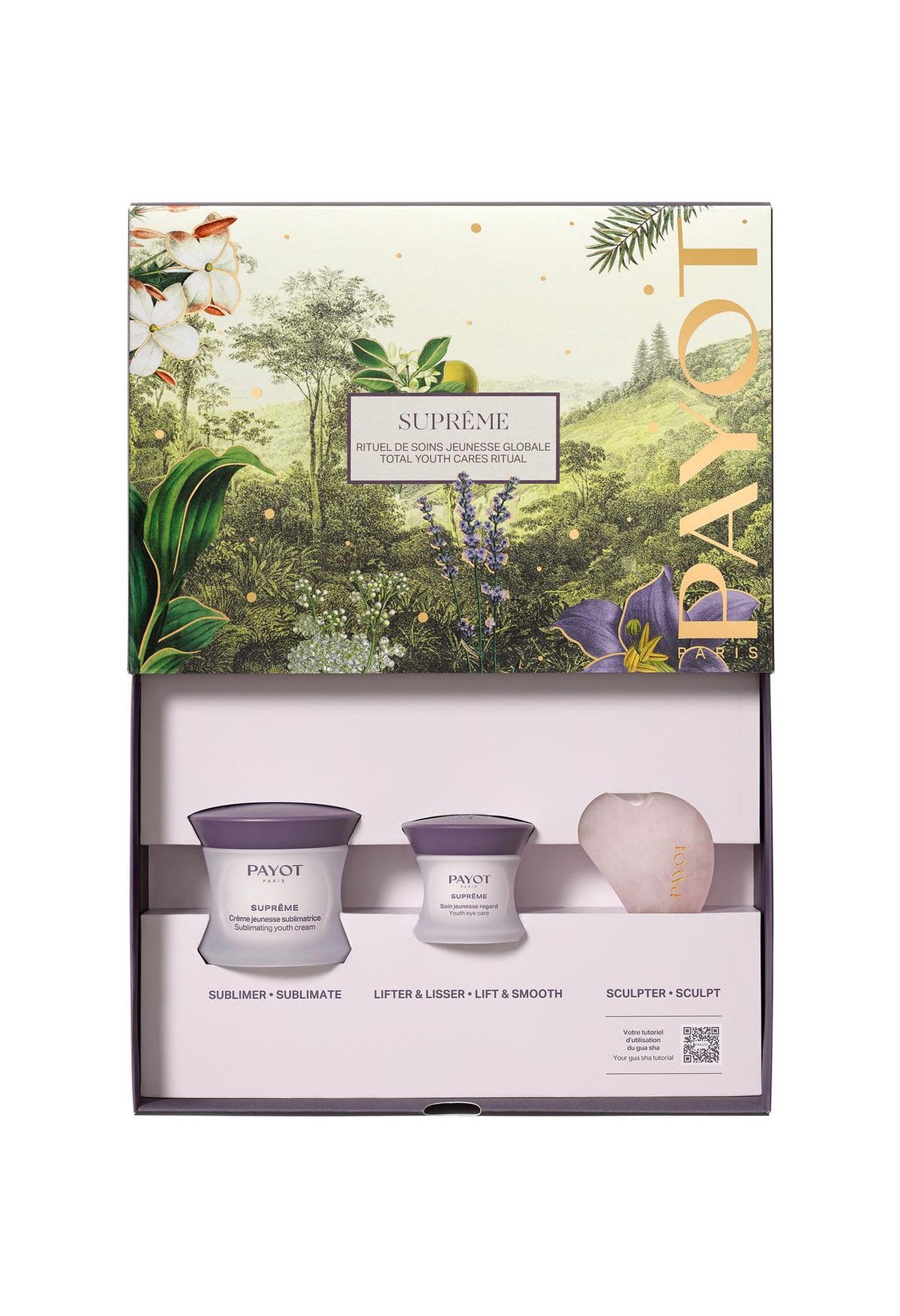 „Payot“ rinkinys: „Supreme Sublimating“ dieninis veido kremas nuo senėjimo, 50 ml + „Supreme Sublimating“ skaistinamasis paakių kremas, 15 ml + „Gua Sha“ švelniai rožinis liftingo efektas veido masažo akmeniui