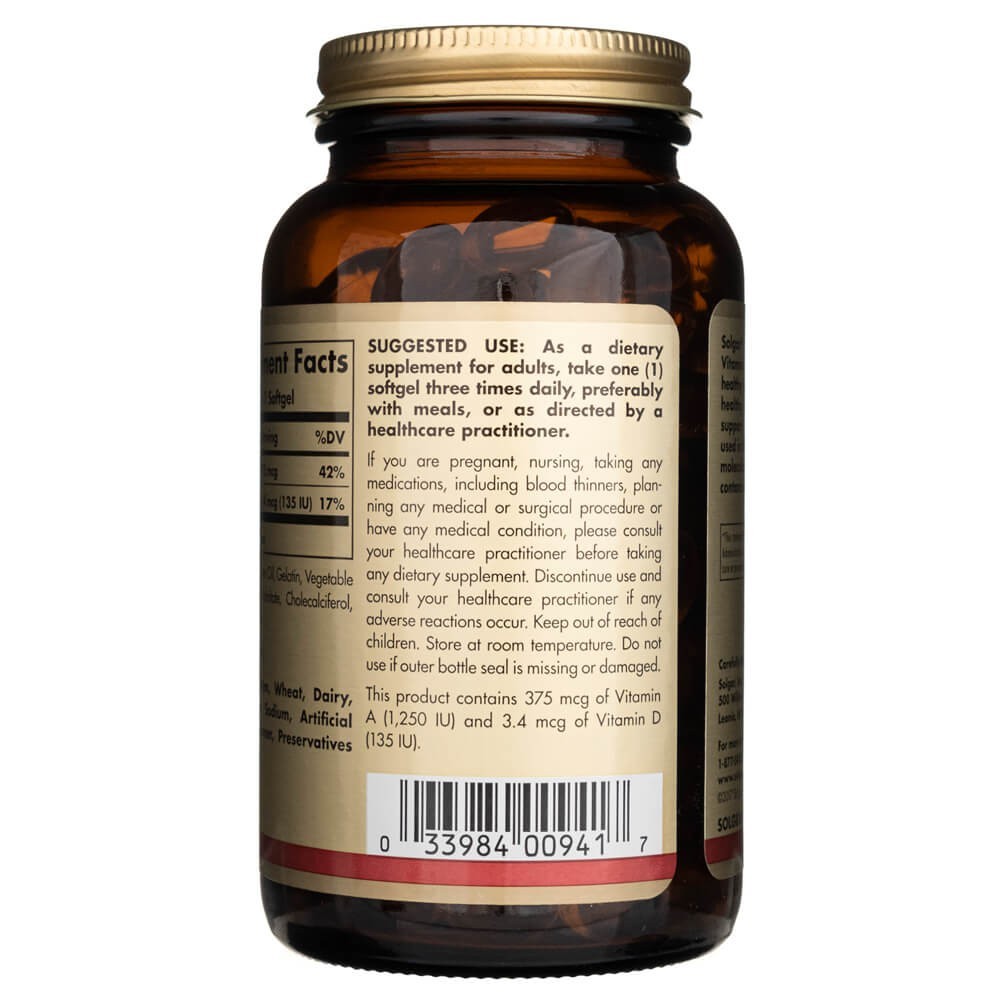 SOLGAR mencu aknu eļļa (A un D vitamīns) – 250 kapsulas