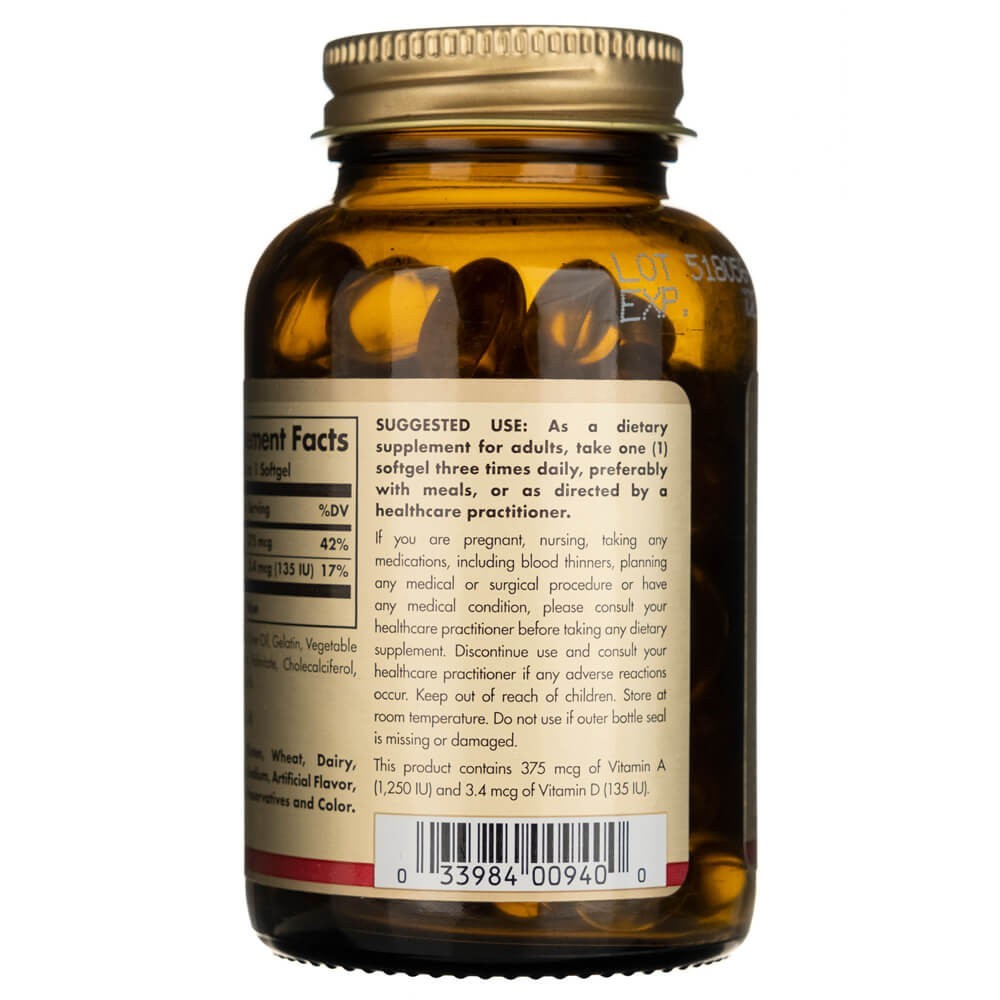SOLGAR mencu aknu eļļa (A un D vitamīns) – 100 kapsulas