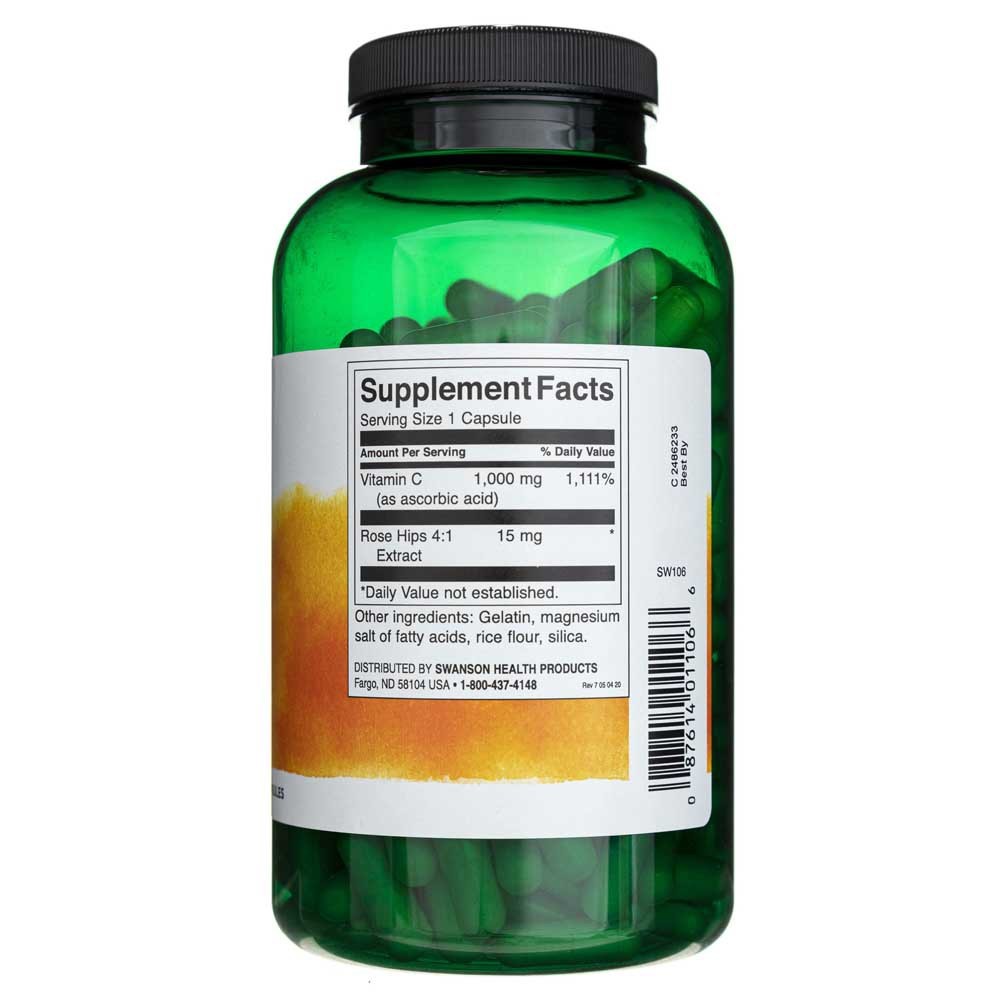 SWANSON C vitamīns ar mežrozīšu augļiem 1000 mg – 250 kapsulas