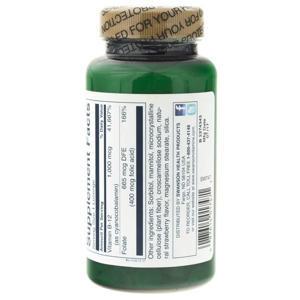 SWANSON vitamīns B12 500 mcg, zemeņu garša – 250 pastilas