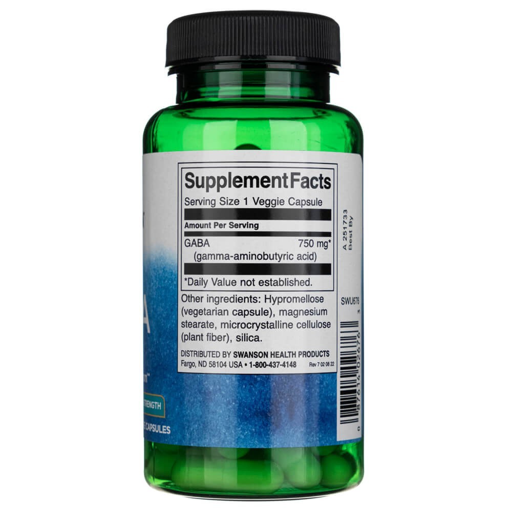 SWANSON GABA maksimālā stipruma 750 mg – 60 kapsulas